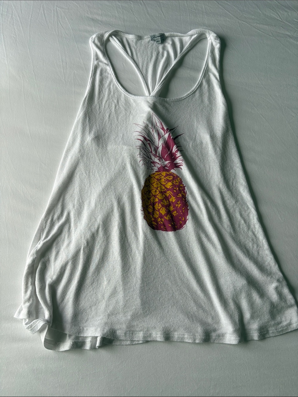 Kismet White Racerback Tank with Pink & Yellow Pineapple Graphic